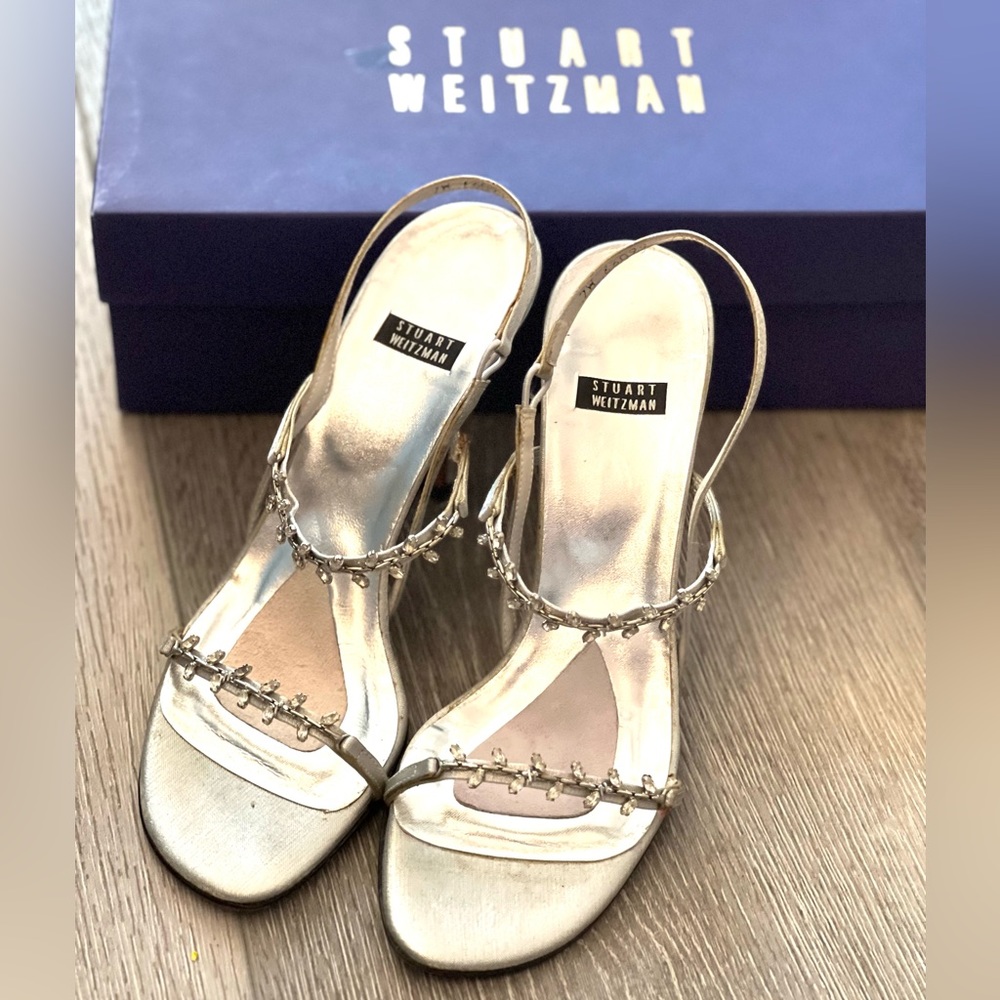 Stuart Weitzman Silver Matte Lame Fern crystal studded sling back sandals, 6.5